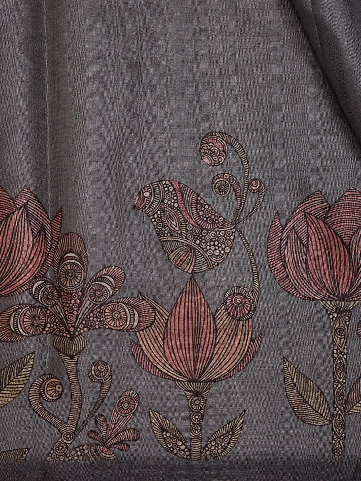 Charcoal Grey Floral Designed Semi Tussar Saree - Diadem