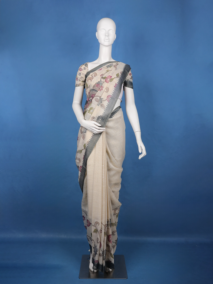 Charcoal Grey Kalamkari Inspired Floral Printed Cotton Saree - Diadem