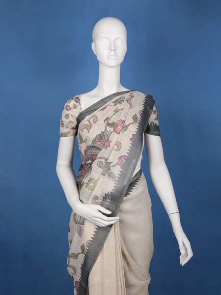 Charcoal Grey Kalamkari Inspired Floral Printed Cotton Saree - Diadem