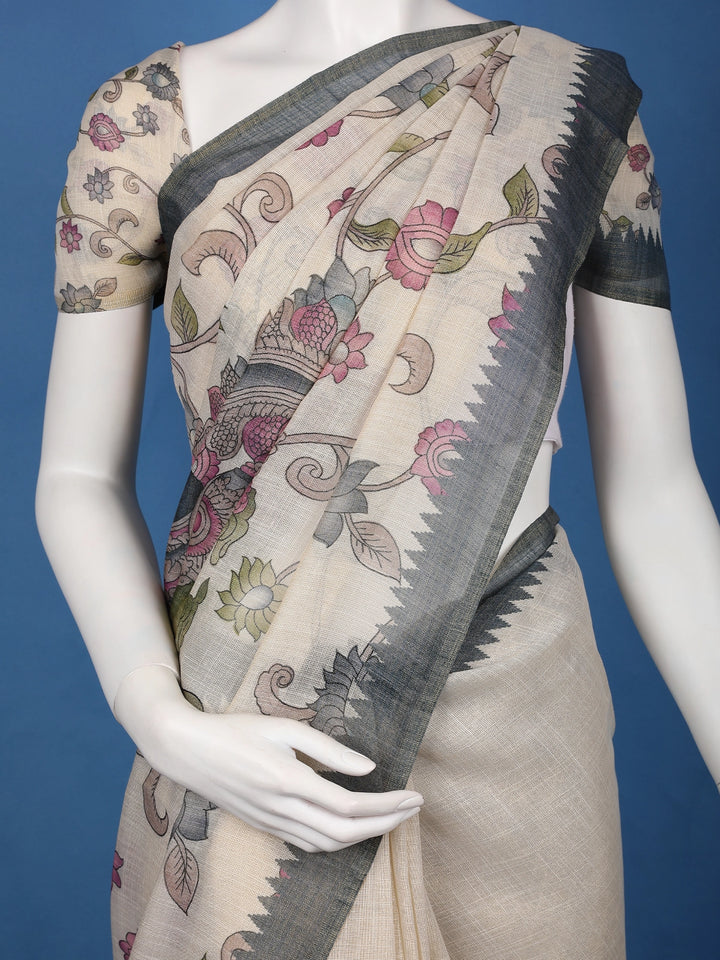 Charcoal Grey Kalamkari Inspired Floral Printed Cotton Saree - Diadem
