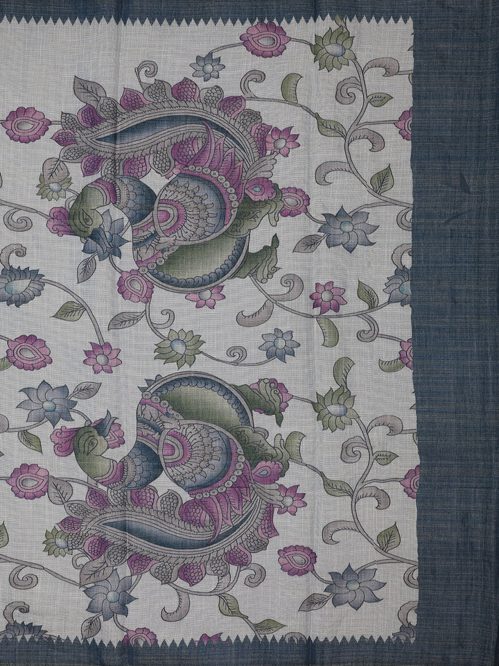 Charcoal Grey Kalamkari Inspired Floral Printed Cotton Saree - Diadem