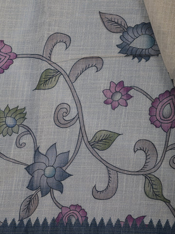 Charcoal Grey Kalamkari Inspired Floral Printed Cotton Saree - Diadem