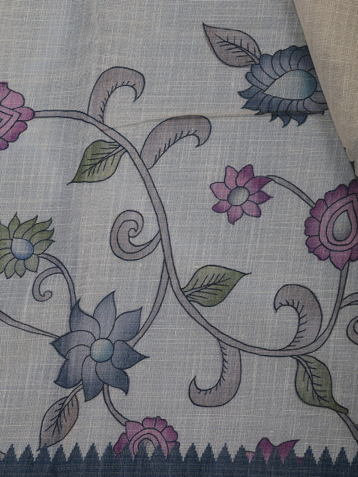Charcoal Grey Kalamkari Inspired Floral Printed Cotton Saree - Diadem