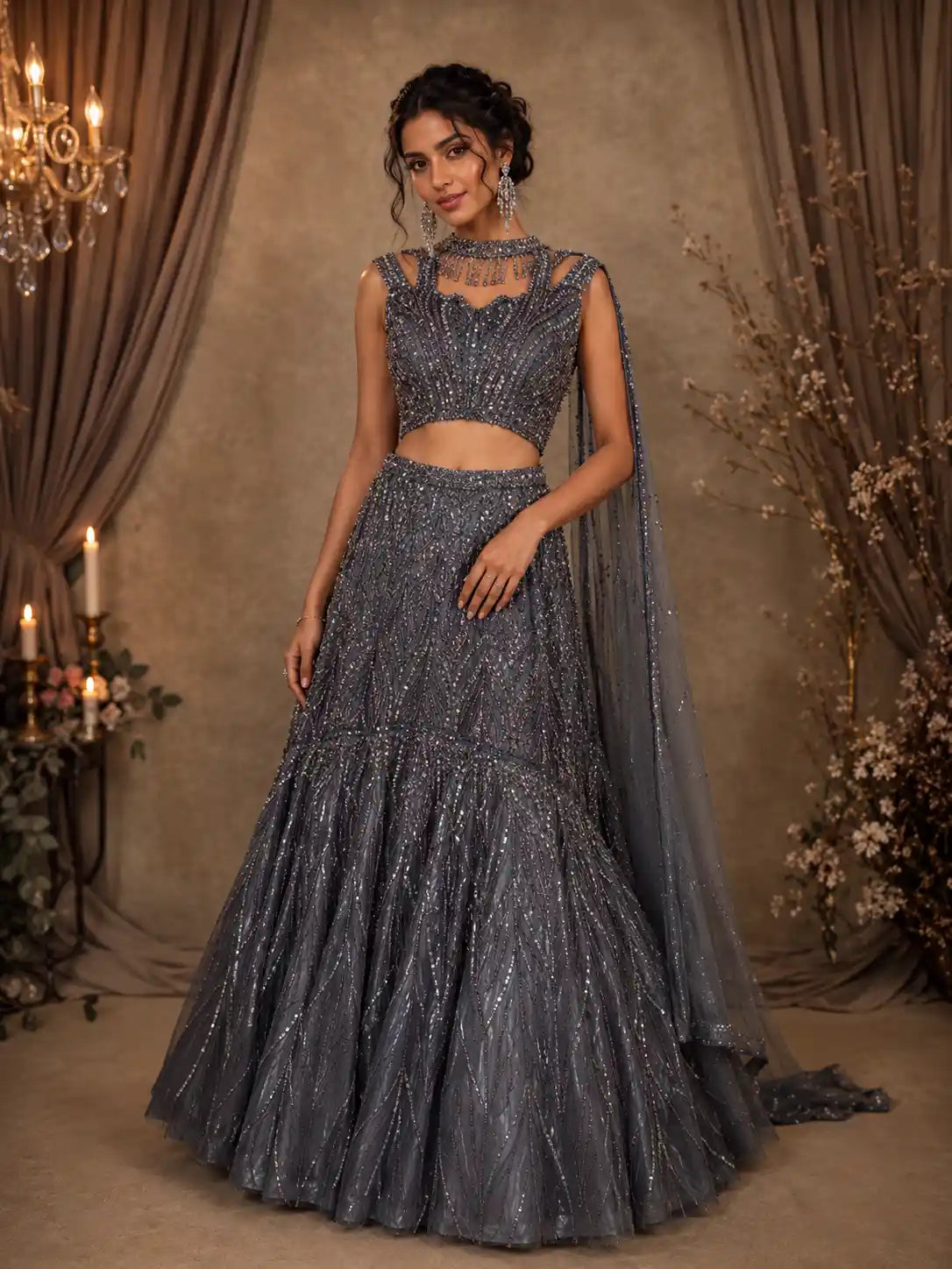 Charcoal Grey Sequins Embroidered Mermaid Net Lehenga With Choker Dupatta