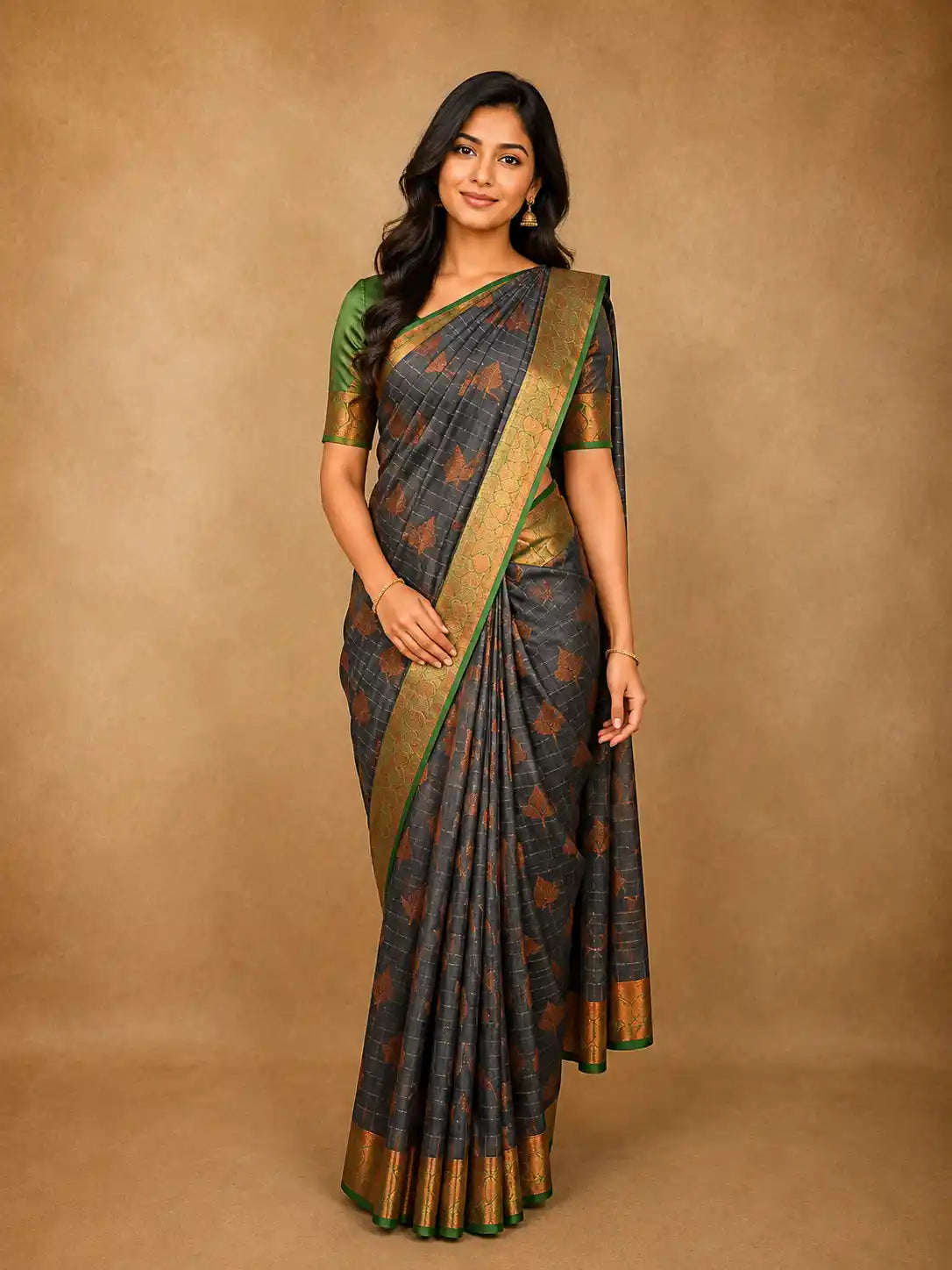 Charcoal Grey Stripes Zari Woven Design Pure Kanchipuram Silk Saree with Contrast Zari Border