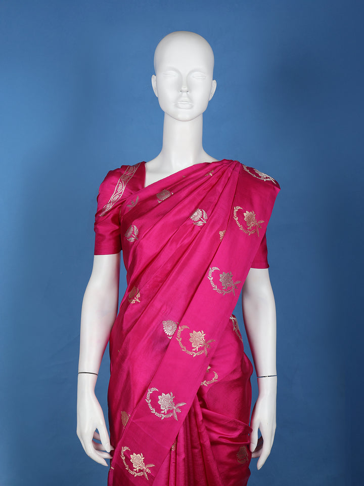 Charming Rani Pink Floral Design Banarasi Silk Saree - Diadem