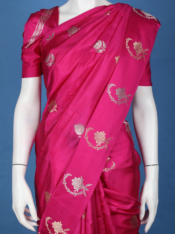 Charming Rani Pink Floral Design Banarasi Silk Saree - Diadem