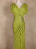Chartreuse Green Shimmer Draped High Slit Mermaid Gown