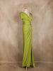 Chartreuse Green Shimmer Draped High Slit Mermaid Gown