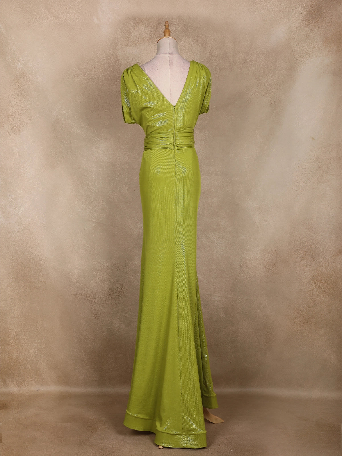 Chartreuse Green Shimmer Draped High Slit Mermaid Gown | Diadem Chartreuse Green Shimmer Draped High Slit Mermaid Gown | Diadem