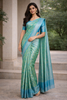 Sea Green And Sky Blue Floral Motif Woven Kanchipuram Silk Saree With Zari Border