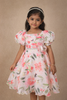 Off White Floral Printed Kids Satin Gown