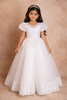 White Net Ball Gown Adorned with Floral Embroidery featuring Puff Sleeves