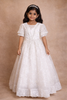 White Net Gown Adorned with Floral Embroidery featuring Puff Sleeves