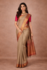 Light Brown Checked Woven Pure kanchipuram Silk Saree With Contrast Pink Blouse