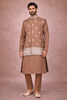 Brown Embroidery Indo-Western Sherwani Suit with Floral designs with Pant and Pocket Square
