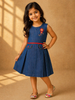 Blue Denim Frock Adorned With 3D Flowers and Closed Neck For Girls