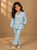 Light Blue And White Houndstooth Pattern Double-Breasted Blazer With Gold Buttons