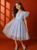 Light Grey Blue Net Gown Embellished with Glitters and Barbie Prints