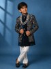 Teal Blue Velvet Floral Embroidery Sherwani And Pant Set