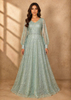 Aqua Green Net with Beads Glitters and Long Sleeves Gown