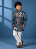 Teal Blue Cotton Floral Embroidery Over Jacket Sherwani And Pant Set