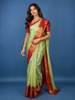 Pista Green Brocade Woven Pure Kanchipuram Silk Saree With Contrast Red Zari Border