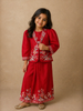 Red Floral Embroidered Coat And Palazzo Set For Girls
