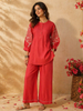Red Co-Ord Salwar Suit for Girls Adorned with Sequins and Floral Design with Pant