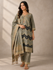 Grey Semi Banarasi Straight Cut Salwar Suit Adorned with Sequins and Prints Paired with Dupatta