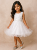 White Net Kids Frock Embellished with Floral Threadwork Embroidery and Stones