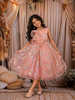 Peach Floral Glitter Design Net Kids Gown with Oversized Bow Detailing