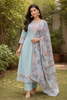 Sky Blue Mirror Work Cotton Salwar Suit Set with Floral Printed Dupatta