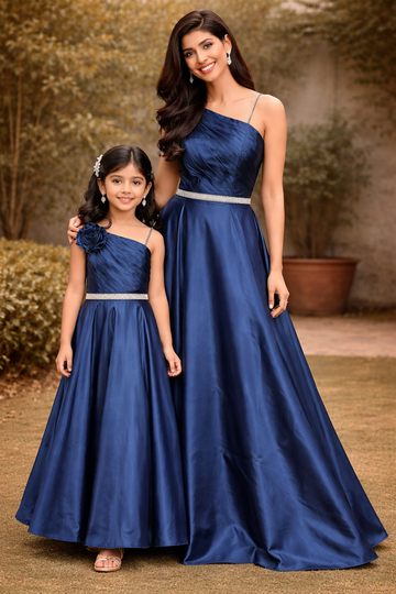 Ink Blue Satin Gowns for Mother & Daughter | Diadem Ink Blue Satin Gowns for Mother & Daughter | Diadem
