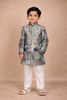 Grey Bird Design Silk Kids Sherwani Set with White Pants