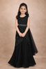 Black Floral Design Velvet Kids Lehenga With Sequined Waist Belt