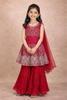 Dark Pink Floral Thread Embroidered Design Georgette Kids Sharara Suit with Dupatta
