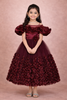 Wine Rose Embellished Puffy Sleeve KIds Net Gown