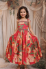Dark Pink Leaf Printed Design Crepe Silk Kids Gown