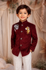 Maroon Velvet Kids Sherwani with with Cartoon Embroidery
