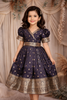 Navy Blue Gold Butta Woven Design Banarasi Party Wear Kids Gown