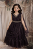 Deep Wine Floral Sequins Embroidered Design Satin Kids Gown with Belt