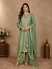 Pista Green Straight Cut Salwar Suit Adorned With Sequins and Floral Designs, with 3/4 Sleeve and Matching Dupatta