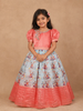 Light Peach with Blue Silk Gown Adorned with Floral Prints and Embroidery