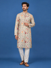 Beige Floral Embroidery Cotton Kurta Set With Pant