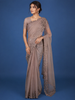 Light Brown Solid Design Tissue Saree With Scalloped Floral Embroidered Border