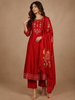 Red Floral Designed Raw Silk Salwar Suit