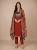 Dark Red Crepe Straight Cut Salwar Suit Adorned with Stripe Prints, paired with Dupatta