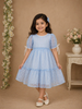 Light Blue Floral Printed Sheer Layered Gown For Girls