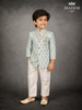 Mint Green Raw Silk Sherwani Set with Brooch and Beaded Mala